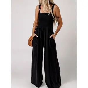Women's plain high waisted jumpsuit, casual pocket sleeveless vest summer jumpsuit, fashionable women's daily clothing