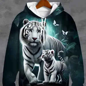 White Tiger Family Hoodie - White Color, Short Length, Hooded Design, Animal Print, Casual Style - Clothes