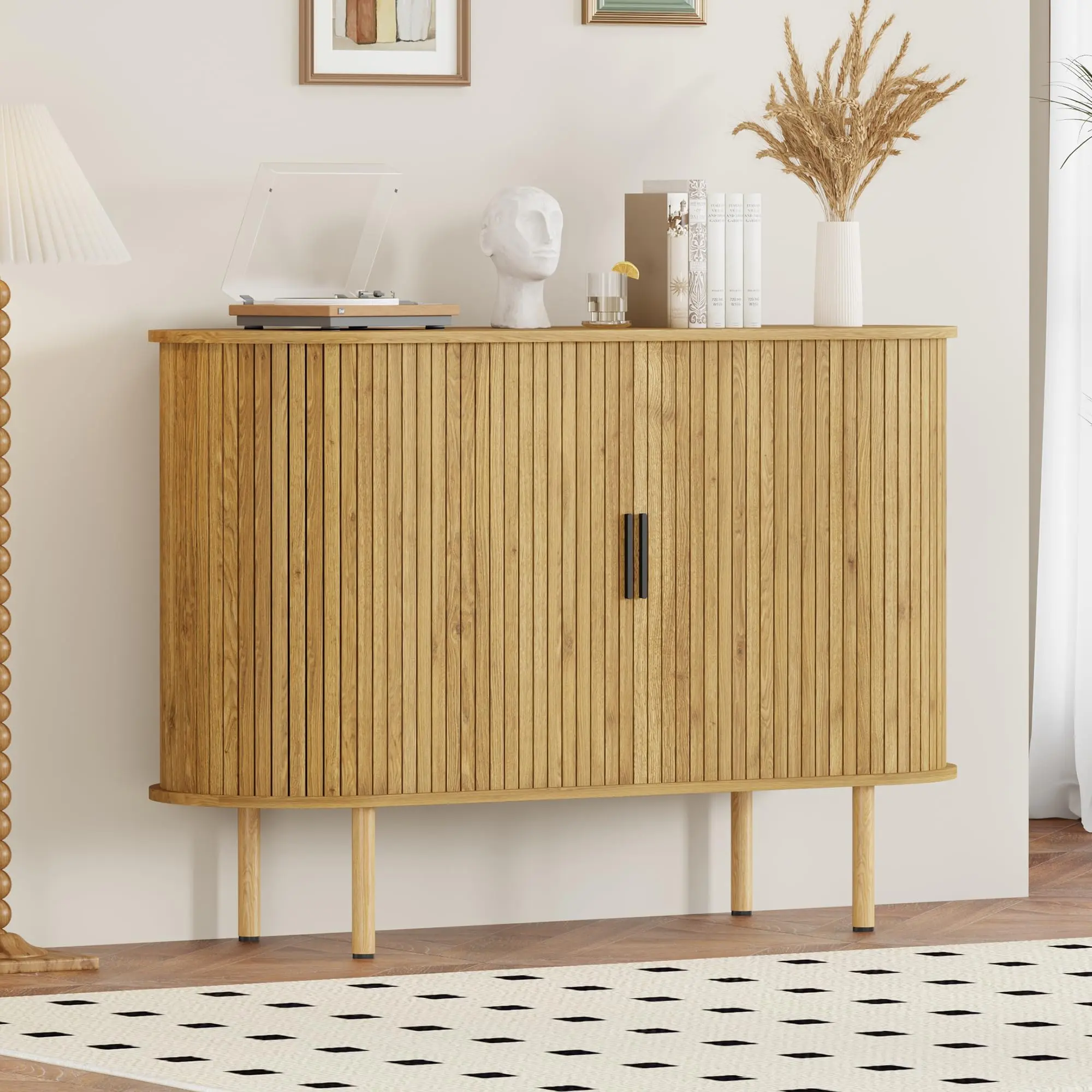 Garvee - Buffet Closet with Storage, Mid-Century Modern Accent Closet 47 Inches, Sliding Entry Door, Small Storage Cabinets for Kitchen, Living Room