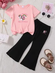 Summer Girls' 2-Piece Set Unicorn Rainbow Print T-Shirt + Bell Pants, Cute Cartoon Style, Daily Wear, School, Holiday, Summer Clothing Set