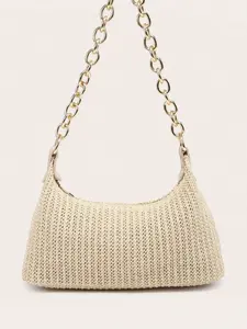 Women's Apricot Straw Woven Underarm Tote Bag With Metal Chain, Casual Roomy Shoulder Purse, Hollow Woven Design, Stylish Essential For Summer, Beach, Vacation, Daily And Holiday Occasions