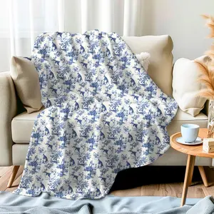 Corgi French Toile Blanket, Velveteen Blue Toile de Jouy Cozy Throw for Corgi Lovers, Toile Pattern Plush Blanket Gift for Dog Lovers