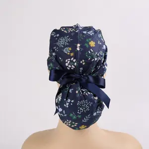 Navy Blue Flowers Ponytail Scrub Caps for Long Hair, Cotton Surgical Hat with Forehead Sweatband and Buttons