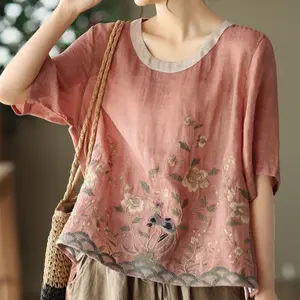 Art Retro Embroidery Top Colored Round Neck Pullover long  sleeve