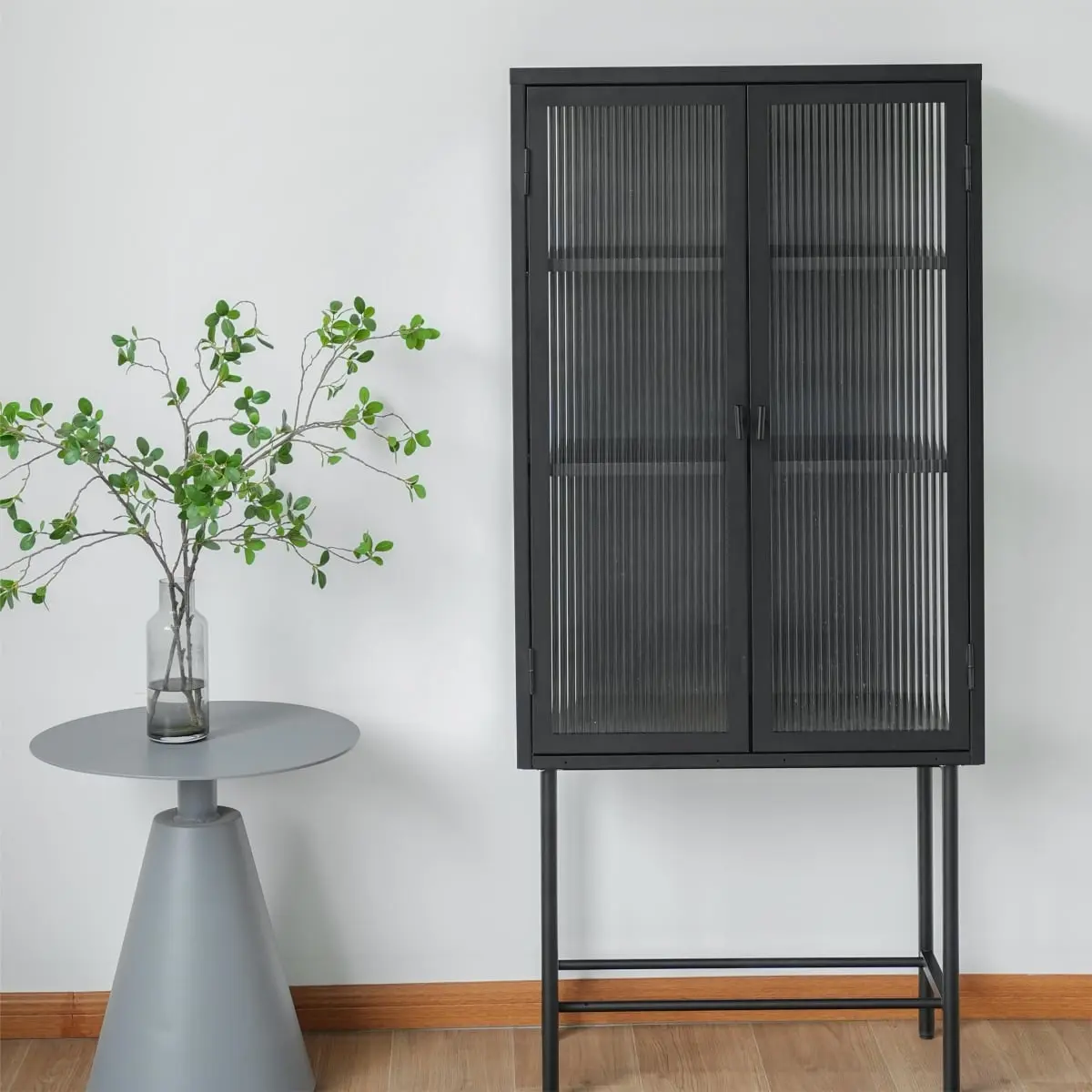 Direct Wicker Freestanding Storage Cabinet - DW-DC55-BK-GD Modern Matte Solid Color Metal Glass Credenza Cabinet with Adjustable Shelves, High Legs, Horizontal Support Bar, Black Office Indoor Furniture, Modern Credenza Cabinet