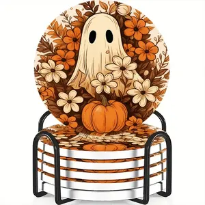 6-Piece Coaster Set Welcome Ghost Garden Ceramic Non-Slip Heat Resistant for Coffee & Drinks Home Restaurant Decor Ideal Gift