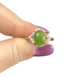 Genuine Oval Jade stone surrounded by Moissanite chips with Rose Gold plated S925 Ring