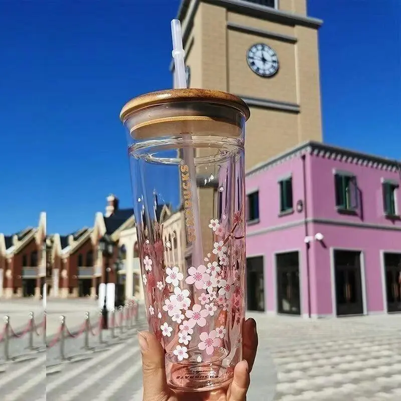 Starbucks Tumbler Pink Sakura Double Glass Straw Cup 591 ml+ Wooden Lid + Plug