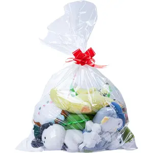 30x40 inches Cellophane Wrap Bags 10 count Clear & Large Plastic Wrap for  Baskets, Party Favors &  Packaging, Idea for  wrapping with (10 Red Ribbons) And for  Occasions