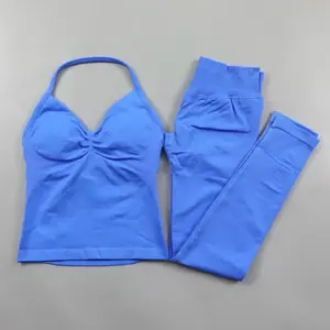 2pcs Gym Set Women Padded Tank Tops Longline High Waist Scrunch Seamless Yoga Leggings