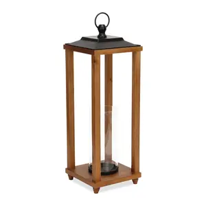 HomeRoots 634825 24 in. Brown & Black Geometric Metal & Solid Wood Floor Lantern Candle Holder