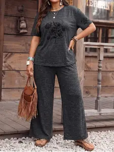 Plus Size Women's Two-Piece Set, Ink Wash Pattern, Vintage Distressed Short Sleeve & Wide-Leg Pants, Summer Versatile Casual Home & Outdoor Wear