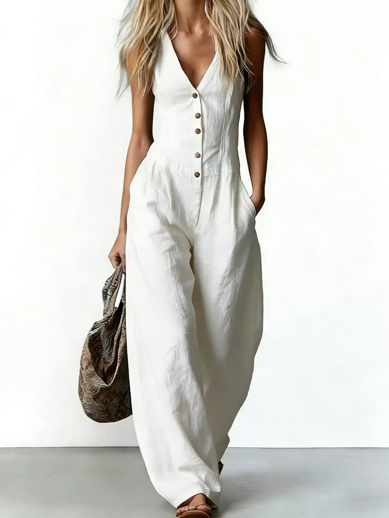 Women's French Lazy Style Sleeveless Jumpsuit V Neck Single Button Front High Waist Wide Leg Slimming Daily Commute Beach Vacation Weekend Relaxed Chic