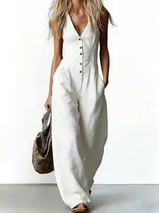 Women's French Lazy Style Sleeveless Jumpsuit V Neck Single Button Front High Waist Wide Leg Slimming Daily Commute Beach Vacation Weekend Relaxed Chic