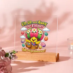 Cartoon Chick Hot Air Balloon Easter Eggs Display Plaque with Base, Kawaii Festive Design with Colorful Clouds & Cheerful Typography, Clear Panel with Natural Stand