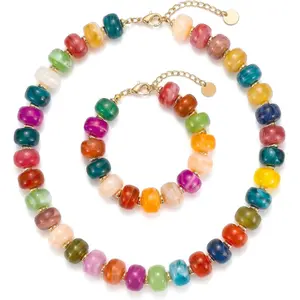 Gmai Chunky Bead Necklace and Bracelet Set for Women Boho Big Bead Statement Necklace Adjustable Fashion Trendy Summer Necklaces Jewelry Gift Set