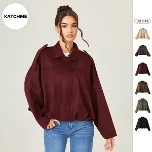 KatchMe Women's Winter Vintage Solid Color Collared Zipper Long Sleeve Jacket, Cozy Versatile Oversize Outerwear, Fall & Winter Outfits, Epaulets Plain Cropped Jacket (2)