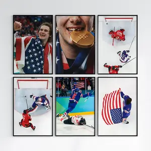 USA Hockey Poster, Men and Women Team Hockey Winter Games Wall Art, Gold Medalists Ice Hockey Champions Prints For Fan Decor Home Room