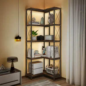 Corner Bookshelf, 5 Tier Industrial Style Design Corner Shelf with Metal Frame and Open Shelves for Living Room, Bedroom, Study, Black  IF153
