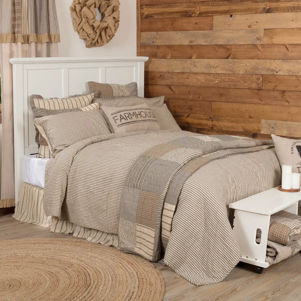 Farmstead Charcoal Ticking Stripe Bedroom Quilt, Quilted Bedding with Assorted Fabrics