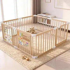 Foldable Wooden Playpen Natural Wood Baby Playpen Adjustable Size & Shape Portable Play Yard Baby Fence Play Area Includes 2 Game Boards, 10+ Toy Set, Suitable For Indoor Use