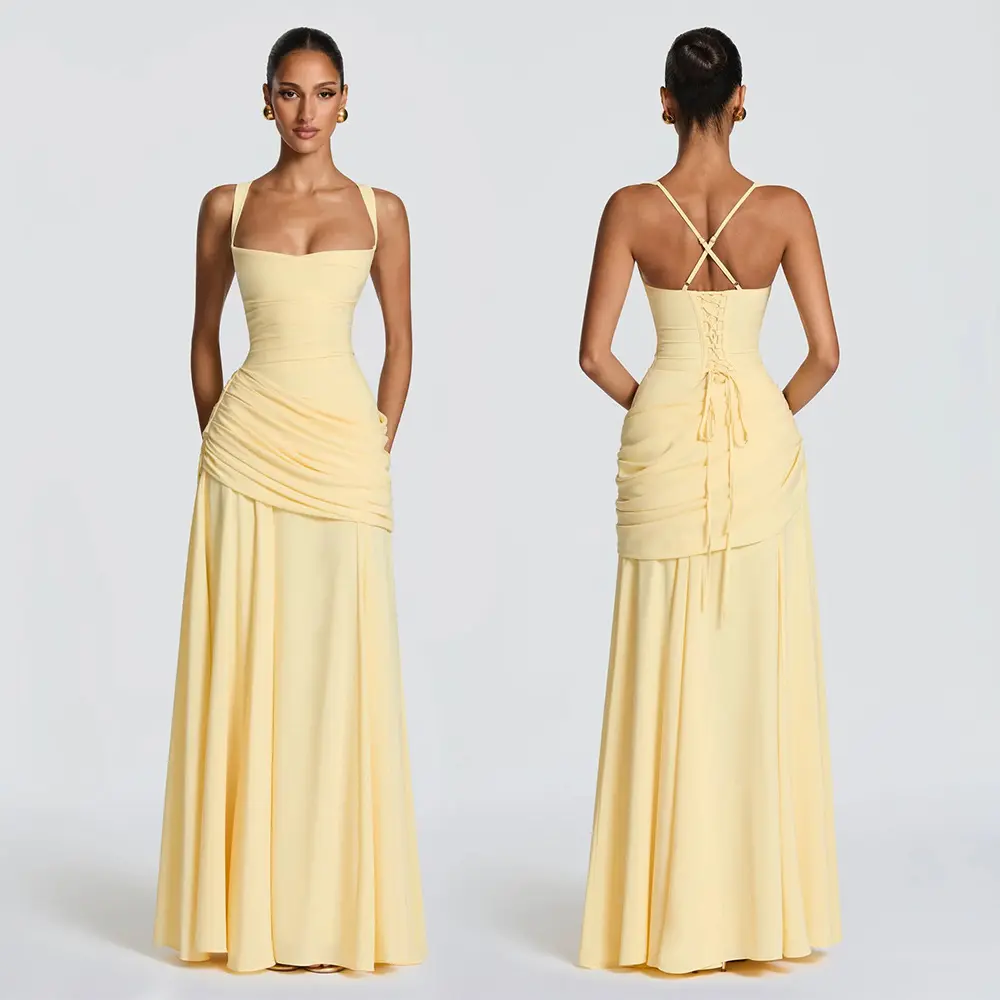 MINGHAO 2026 New Women's Chiffon Bridesmaid Maxi Dress - Spaghetti Straps, Square Neck, Ruched, Criss-Cross Lace-Up Back, Pockets, Formal Wedding Guest Gown