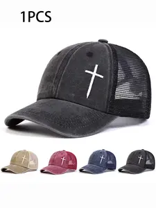 Vintage Washed Cross Stitch Mesh Baseball Cap Unisex Breathable Dad Trucker Hat Curved Brim Sun Protection Casual Streetwear