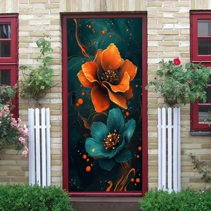 2pcs Modern Art Flower Wall Stickers with Orange and Teal Gradient Design, Waterproof Self Adhesive Decor for Bedroom Living Room, Easy to Install Removable Decorations for Home Decor Aesthetic, No Vinyl Sticker