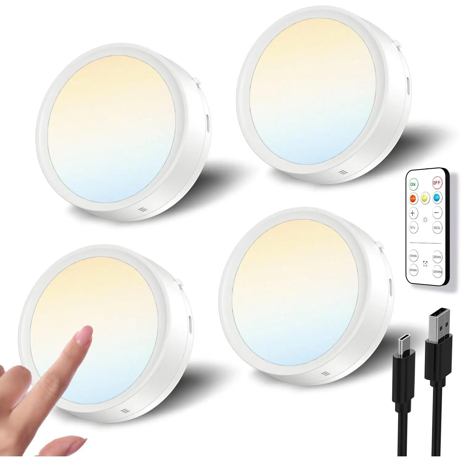 RGB Rechargeable Puck Lights with Remote, Colored 1600mAh Battery Operated Tap Lights Stick On LED Under Cabinet Light USB Magnetic Classroom Push Light Kitchen Counter Touch Light Press Button Light