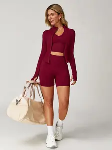 Women's Crop Top & High Waist Shorts & Outerwear Set, Casual Sporty Outfits for Yoga Gym Workout Running, Ladies Sportswear for All Seasons