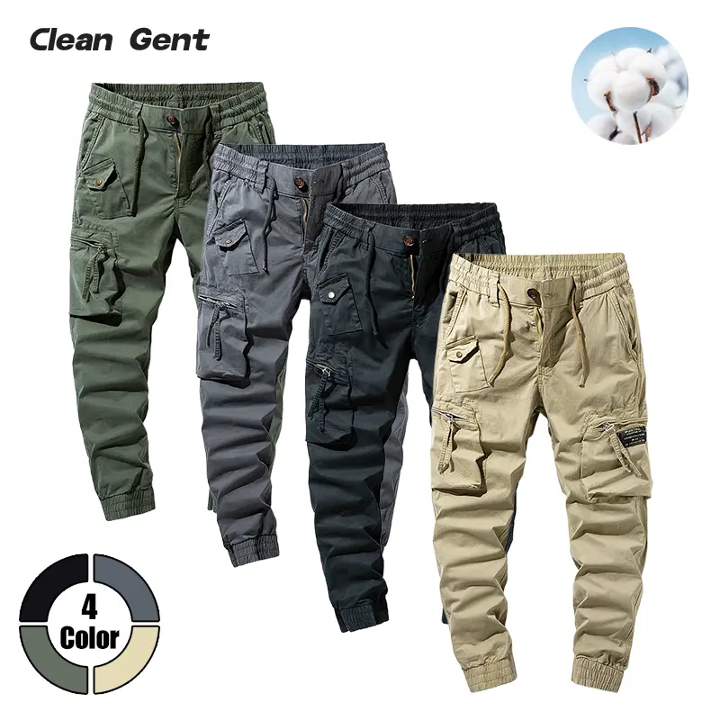 Clean Gent men’s casual solid-color jogger cargo pants with practical zippered pockets, drawstring elastic waistband with zipper button closure, made from soft, skin-friendly, comfortable, breathable cotton fabric—ideal for everyday commuting outfits and