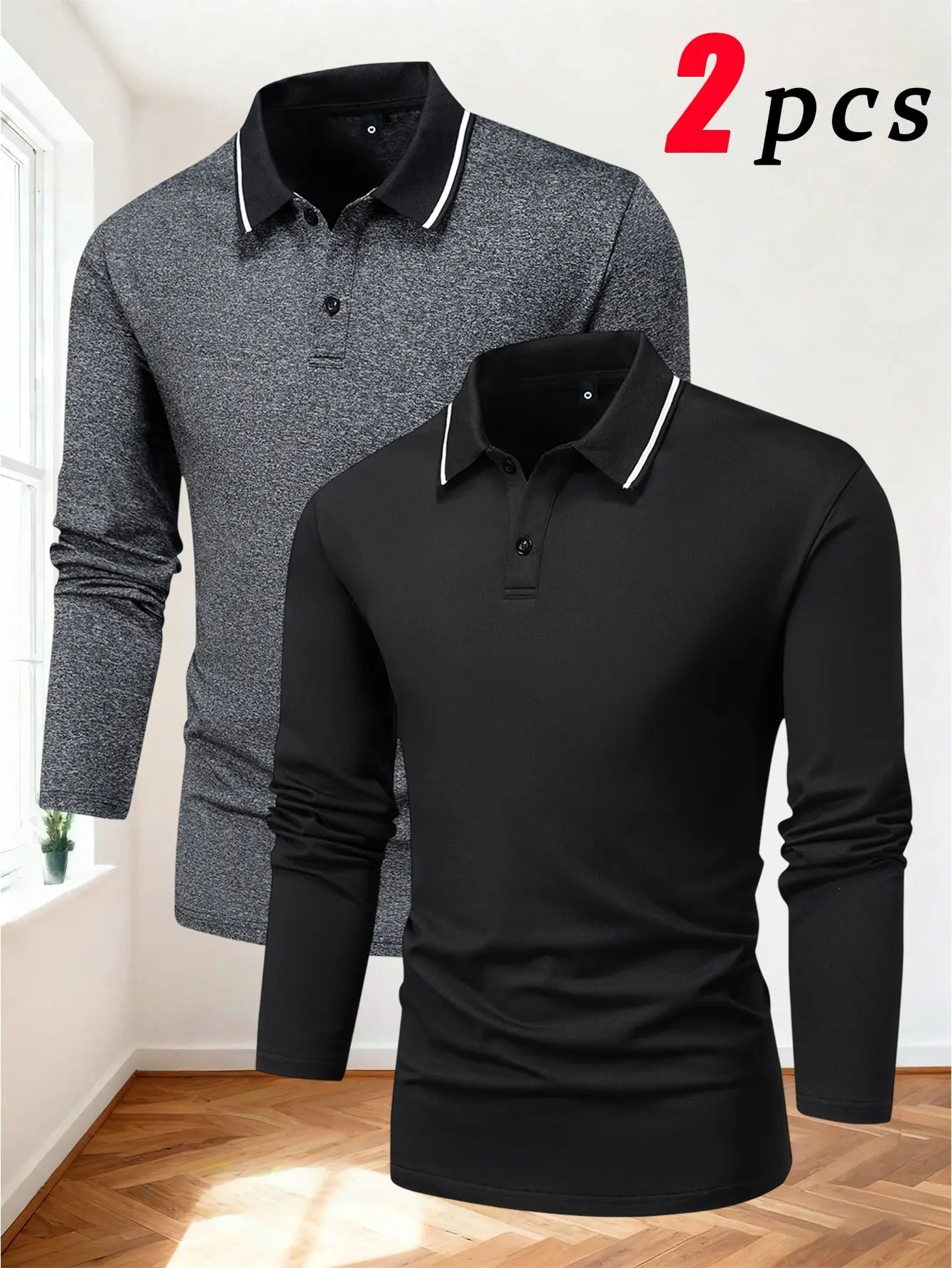 2 Pack Men's Long Sleeve T-Shirt Polo Shirt Casual Sports Solid Color Multi-Color Set Golf Shirt Outdoor Camping Wrinkle-Free Business Collared Paul Shirt Base Layer