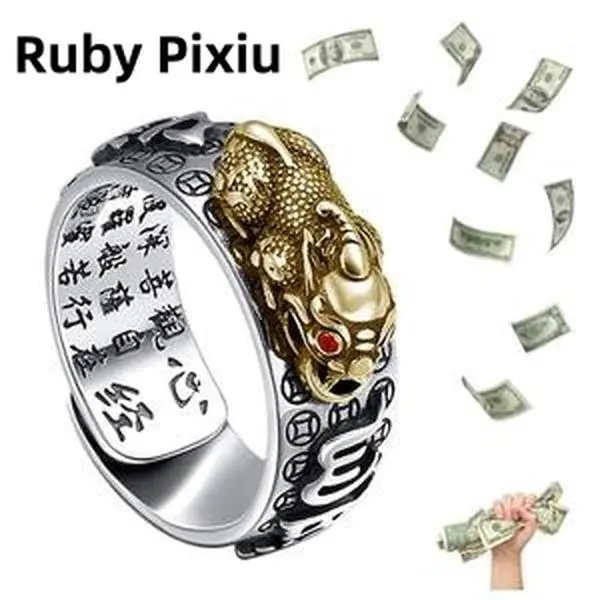Feng Shui Pixiu Amulet Lucky Adjustable Ring Buddhist Good Luck Mantra Double Protection Wealth Love Health Ring Vintage Ring Jewelry Gift