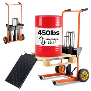 VEVOR Hydraulic Material Lift, Foldable Winch Stacker 450 lbs 39.4’’ Max Lifting Height with 9’’ Thick Rubber Wheels, 2 Swivel Front Wheels, Removable Steel Platform Board, Adjustable Forks
