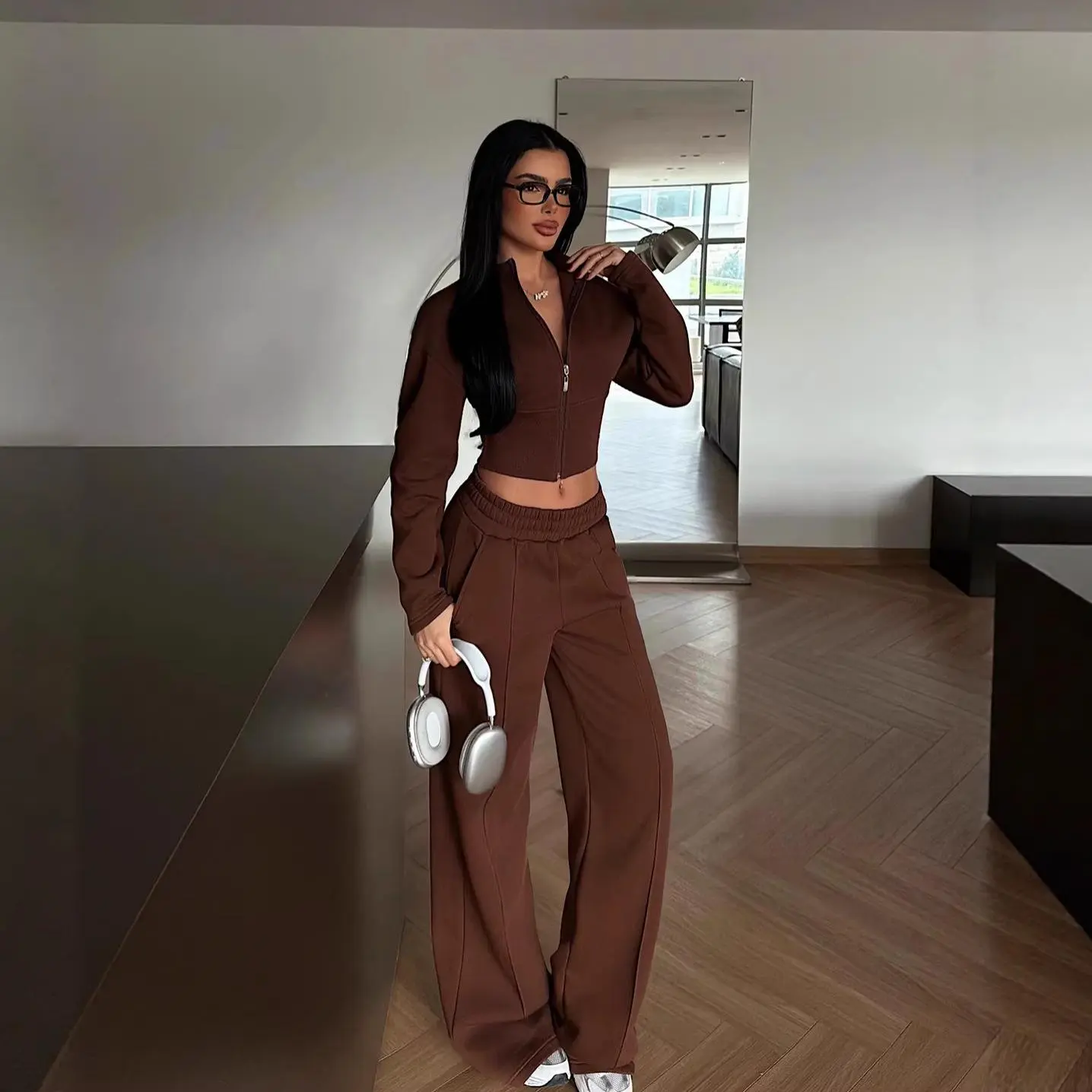 Zip-up Cardigan Jacket And Drawstring Pants Two-piece Set For Spring And Fall