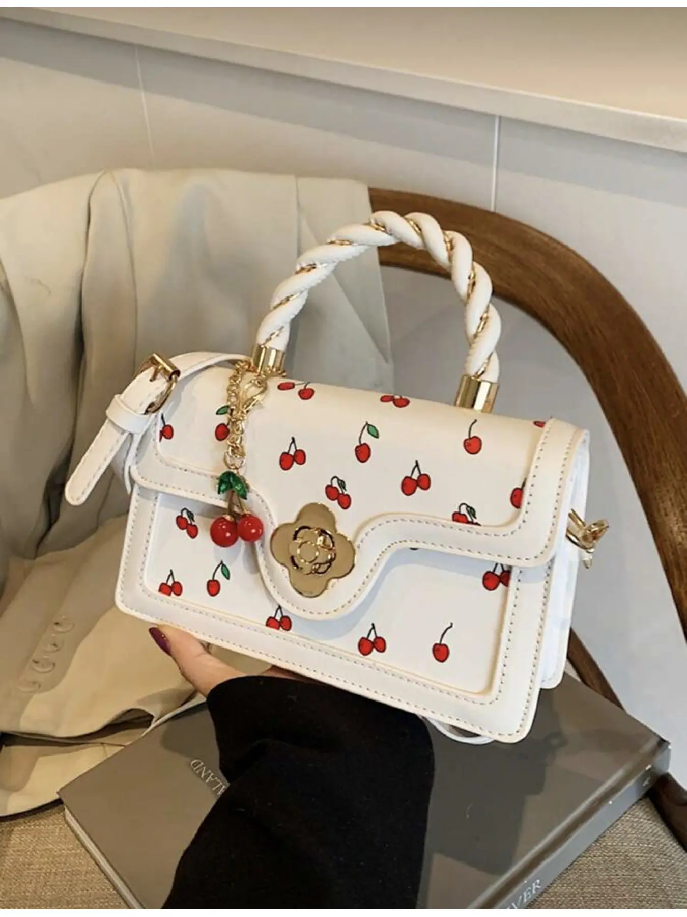 Women's Multi functional High quality Fashion Cherry Print Handbag Hand Shoulder Bag Stylish Small Square Bag New Spring Summer Collection Fashionable Handbag Fashionable Bags