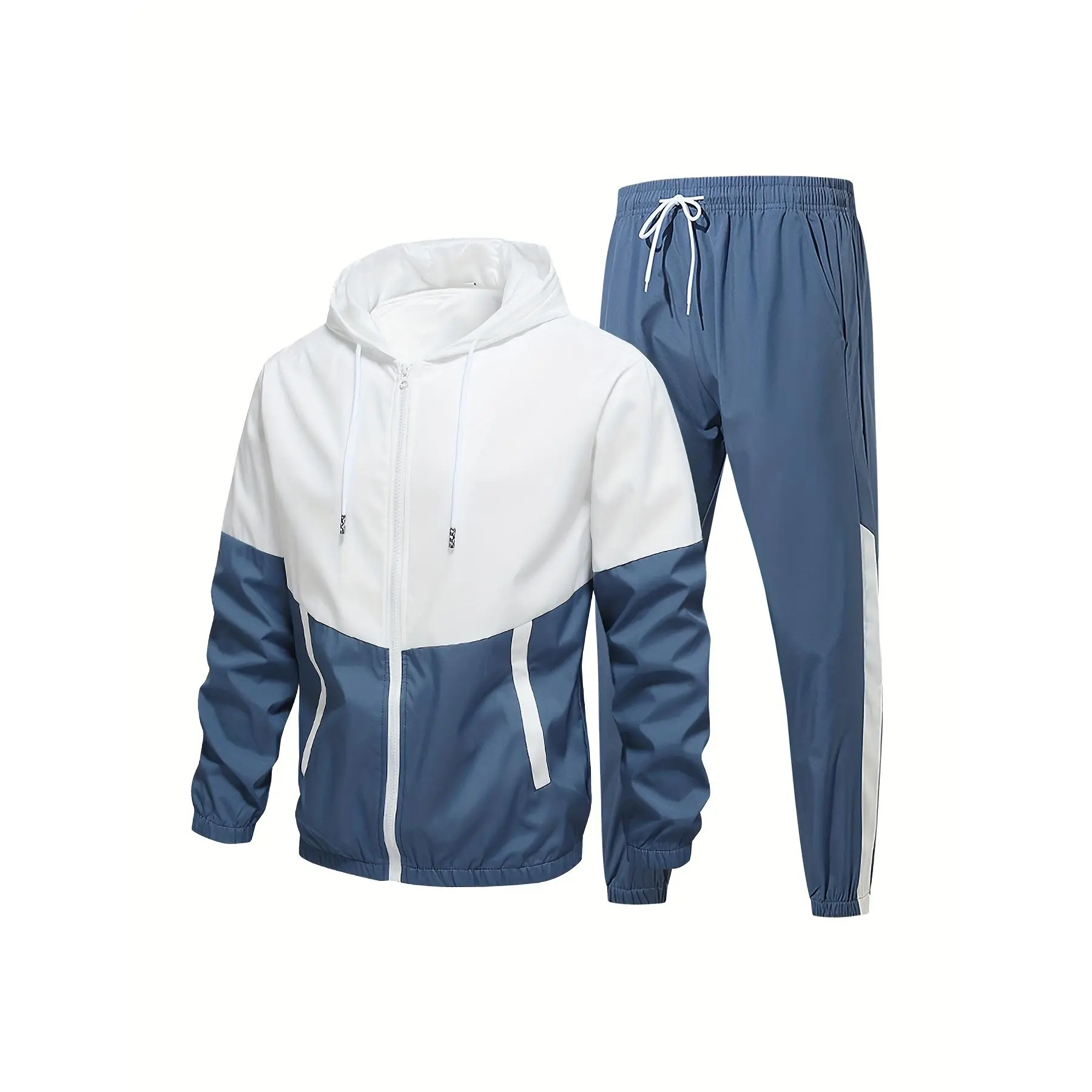 Men's 2pcs Tracksuit Set, All Seasons Casual Color-Block Outfit with Hooded Zipper Jacket and Sweatpants for Running, Athletic Zip-Up Long Sleeve Men's Tracksuit Set, Bright Color Block Men's Tracksuit Set, Color Block Hip-Hop Style Men's Tracksuit Set