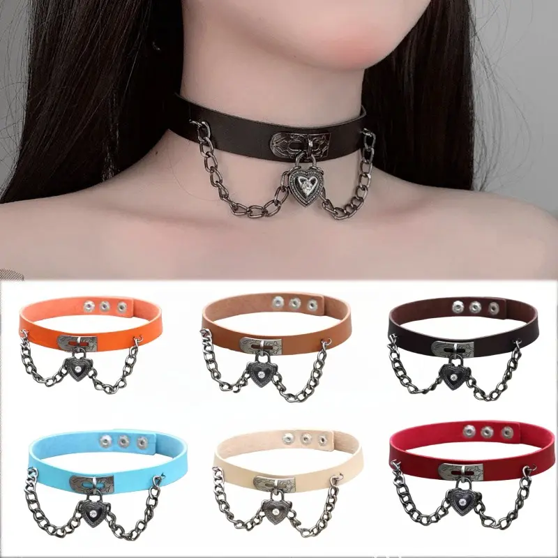 Y2K Heart Lock PU Leather Choker Necklace Adjustable Gothic Chain Collar