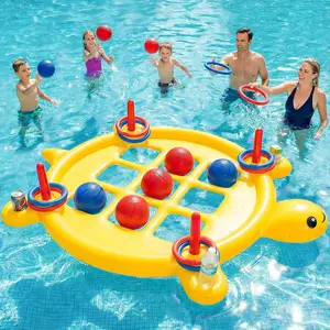 2 in 1 Pool Toys Games Set Inflatable Tic Tac Toe with 10 Balls & 10 Rings for Adults Teens Kids, Giant Floating Tic-Tac-Toe with Cup Holder, Ring Toss, Large Outdoor Yard Carnival Field Day Game