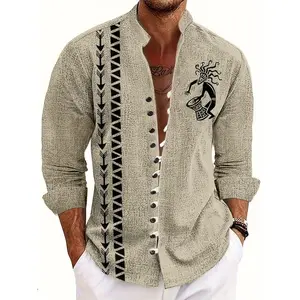 Men’s Chinese-style shirt — casual retro classic cotton top with ethnic design and button front for summer vacation outfits; vintage striped clothing; menswear; traditional denim vibe; gamis