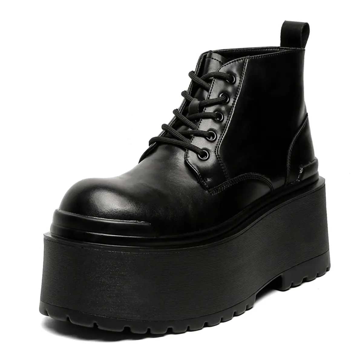 Men glossy smooth leather oversized round toe ankle lace-up boots, thin rope lugs rear pull tab double layer ultra high platform sole dark street height increase work ankle boots for men