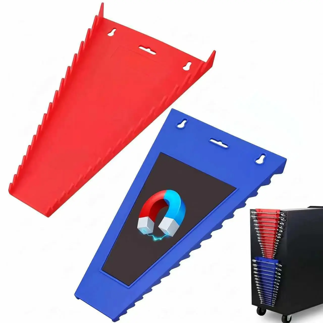2-Pack Heavy Duty Magnetic Wrench Organizer for Mechanics, 32-Slot Garage Tool Organizer with Secure Hold, Tool Storage Kit for Drawer or Wall Fit, Fits SAE 1/4 to 11/16 & Metric 6mm to 24mm Wrenches