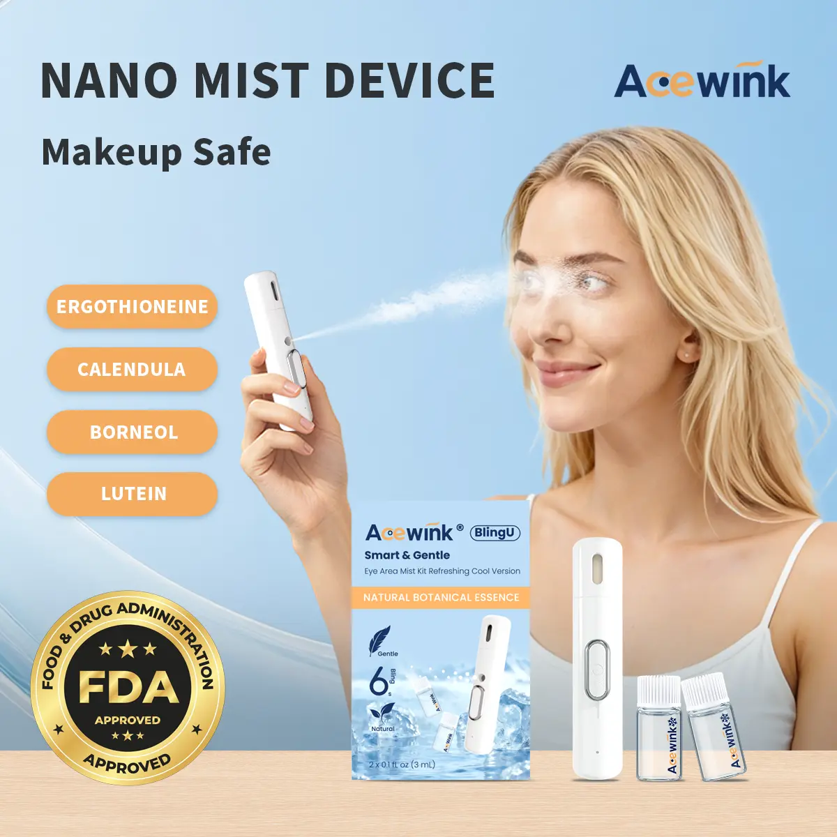 ACEWINK BlingU Cooling Nano Eye Mist, Hydrating & Soothing Moisturizer for Dry Eyes, Gentle Rechargeable Travel Kit for Contact Lens Wearers, Charging Cable, Travel Size, Mint