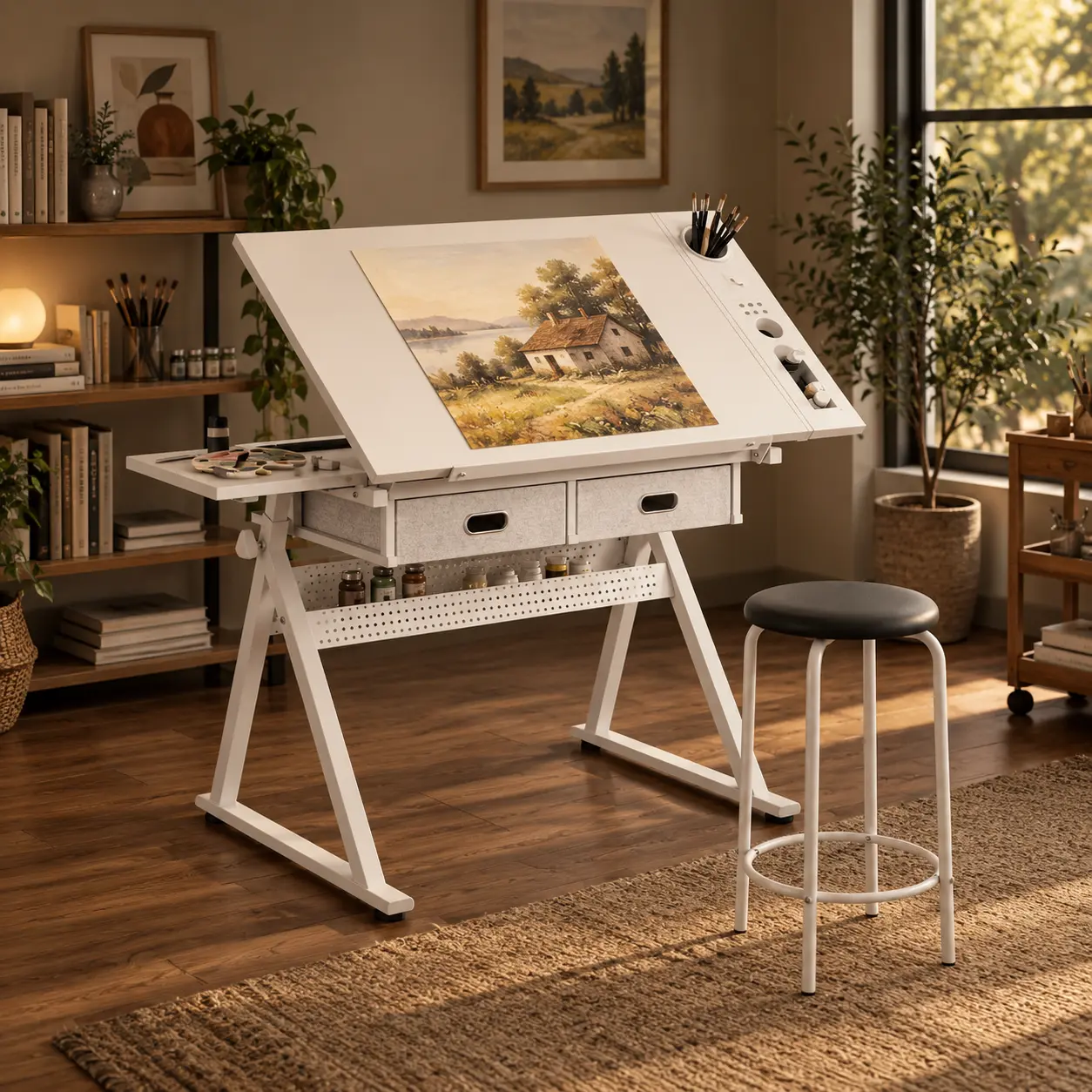 38.58in Multi-Function Drafting Table with Stool - 0-75° Tiltable Art Desk, Drawers, Storage Rack, Extendable Side Table, Height-Adjustable for Drawing, Painting, Adjustable Multi-Function Tables, Height-Adjustable Tables