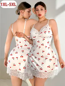 Plus Size Sexy Cherry Print Nightgown with Adjustable Straps, Loose-Fitting Sleeveless Slip Perfect for Relaxation and Special Nights