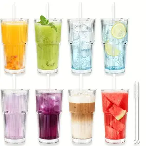 20oz 8-Count Ribbed Pattern Glasses with Lids and Straws, Drinkware for Smoothies & Juices, Trendy Aesthetic Style, Heartfelt Gift for Family, Stackable for Kitchen Storage