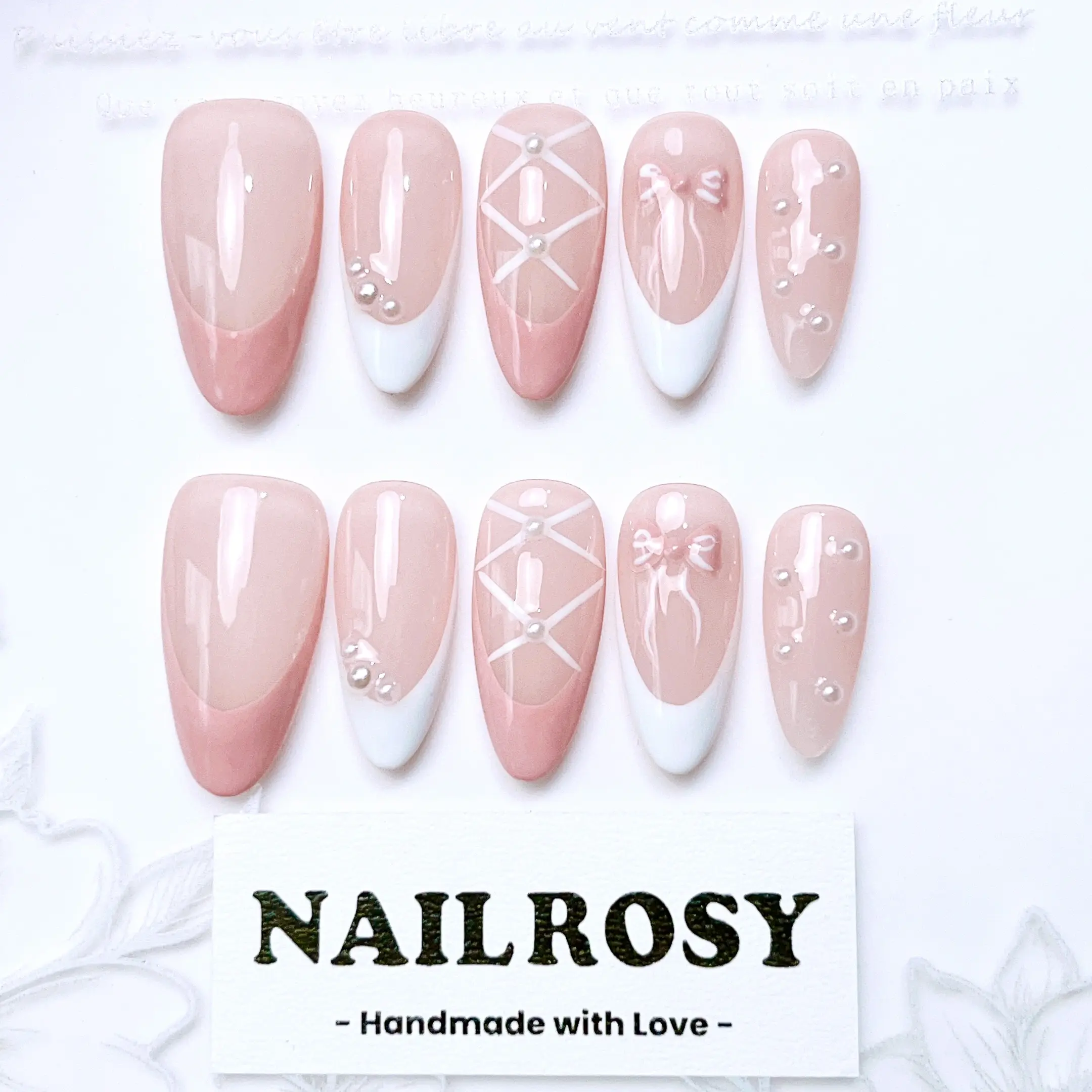 Nailrosy 10Pcs Time-Saving Handmade Medium Almond Acrylic Press-On Nails, French Pink White Ribbon Tie Tiny Bow Y2K Cute Design with Gems Sheet & Tool Kit, for Women’s Festivals & Daily Wear