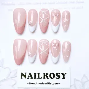 NAILROSY 10Pcs Handmade Press On Nails Medium Almond Acrylic French Pink White Ribbon Tie Tiny Bow Y2K Cute for Girls Women Festivals Parties Daily Wear Gems Stuff French Gems Stuff Sheet Design with Tool Kit