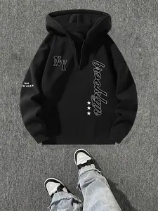 Men's Fashion Casual Hooded Sweatshirt, Long Sleeve, Letter Print, Spring & Fall New, Daily Wear, Fitted Style, Geometric Pattern