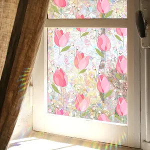 A (40*100cm) pink flower floral tulip colorful 2D flat window decorative sticker, window decoration electrostatic glass sticker, XC3028-YL